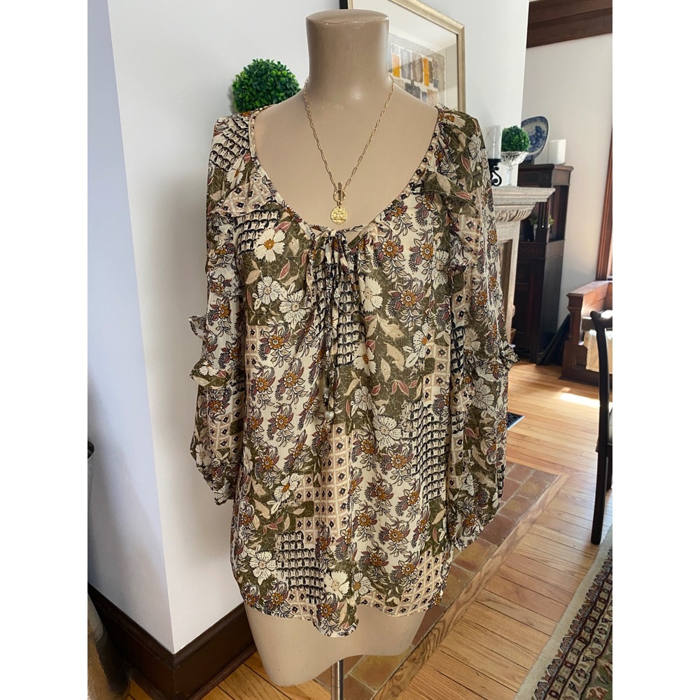 Adrienne Vittadini Floral Ruffle Boho Blouse Olive Green Medium